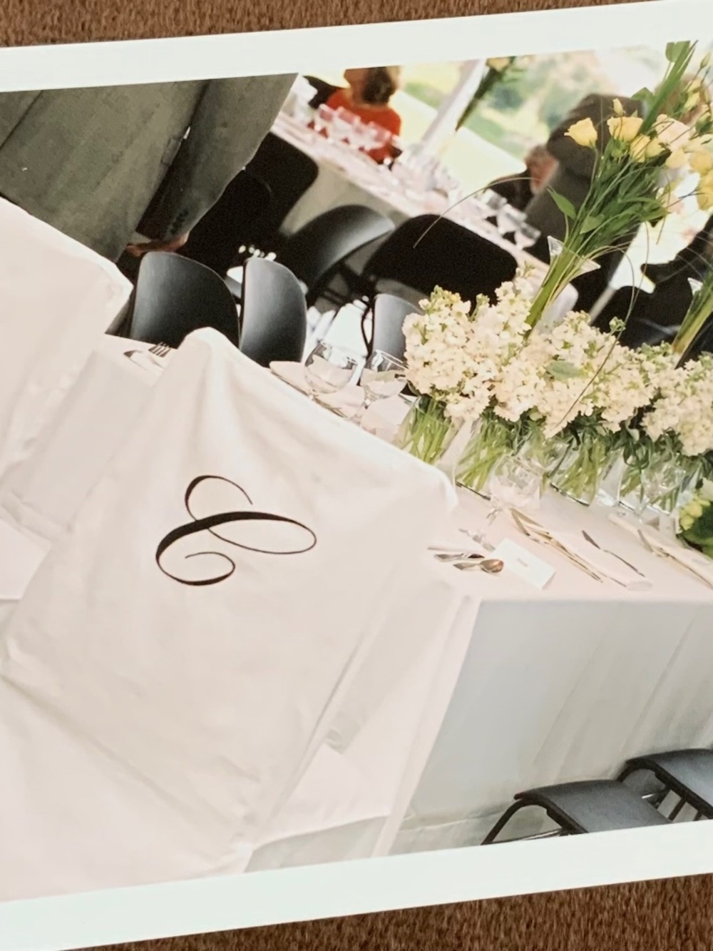 Chair Cover White Black Embroidered C on back Cotton Coastal Cottagecore Wedding